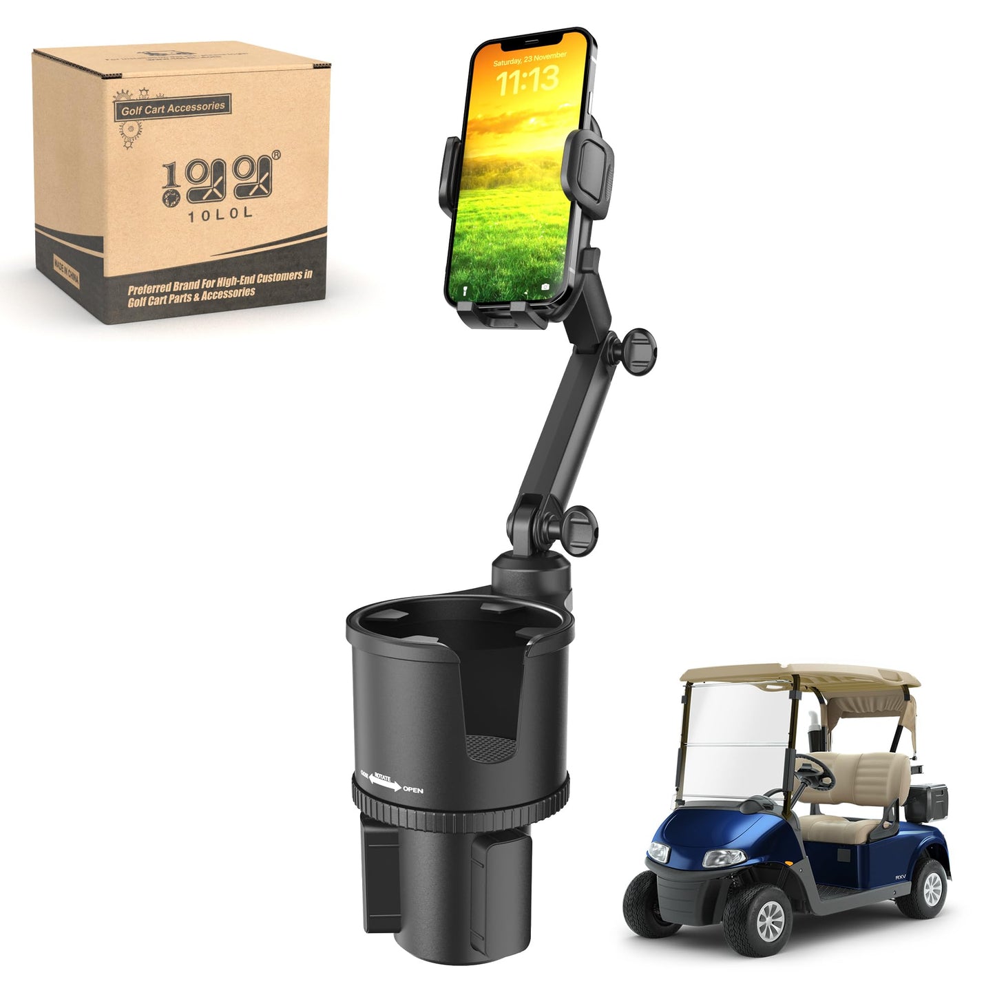 10L0L Updated ABS Golf Cart Cup Holder with Mobile Phone Holder Mount Compatible with Yamaha, EZGO, Club Car Golf Cart Model, 360° Rotatable Stand/One Click to Secure & Release/Expandable