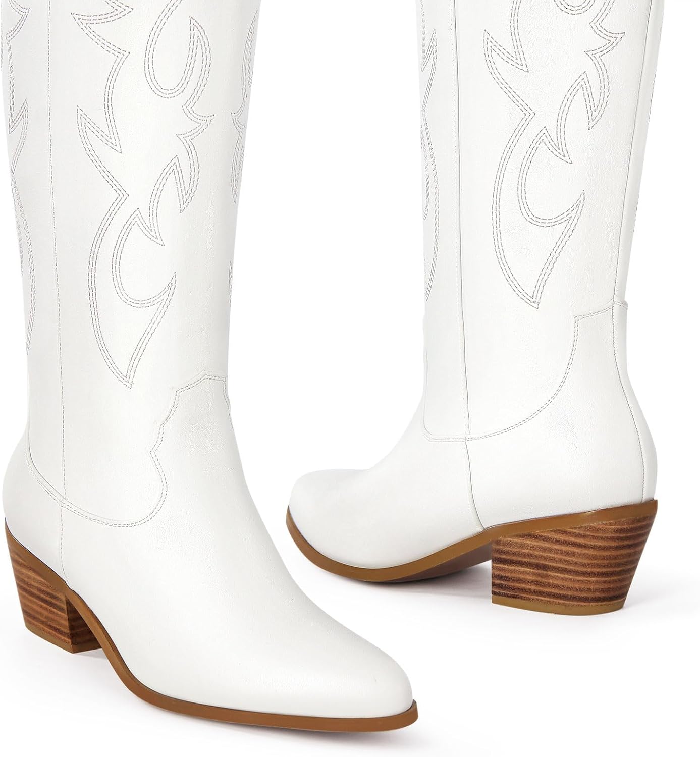 Ouepiano White Cowgirl Boots - Women's Knee High Chunky Heel Western Style | Pointed Toe, Wide Calf