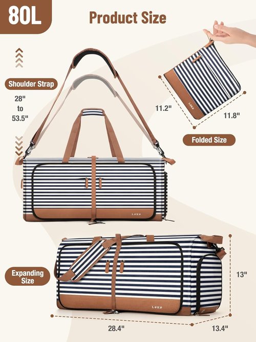 Lekesky Foldable Travel Duffle Bag - 80L Large Capacity with Shoe Compartment & Straps | Blue Stripes