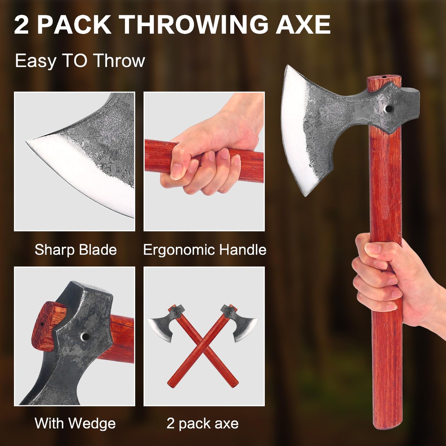 16.2" Viking Style Throwing Axe Set of 2, 1065 High Carbon Steel Bearded-Edge Tomahawk with Beech Wood Handle, Red Anti-Slip Design, for Adults Competition & Outdoor Recreation