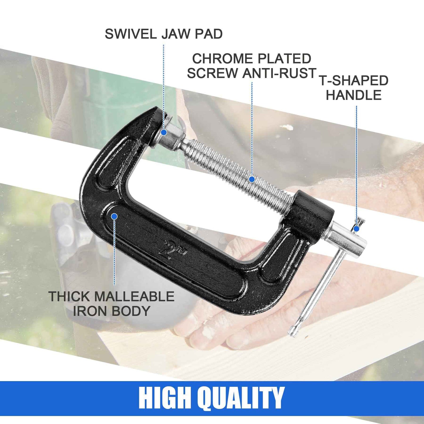 MYFAMIREA 8 Pcs C Clamp 2 Inch Heavy Duty Steel C Clamp Set Cast Iron Frame Sliding T-Handle More Stability Massive Clamps for Woodworking, Welding, Building, Automotive Applications (Black)