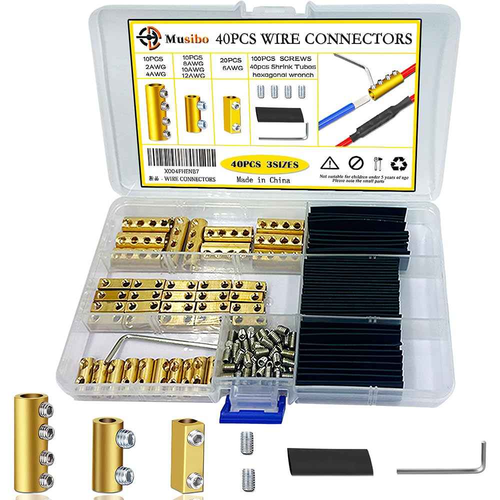 40pcs 6, 8, 10 AWG Wire Connectors, Quick Wiring Connection Terminal, Circuit Connector Wire Connector with 100 Screws, 40 Heat Shrink Tube & Wrench, for Household appliances and The Power Industry.
