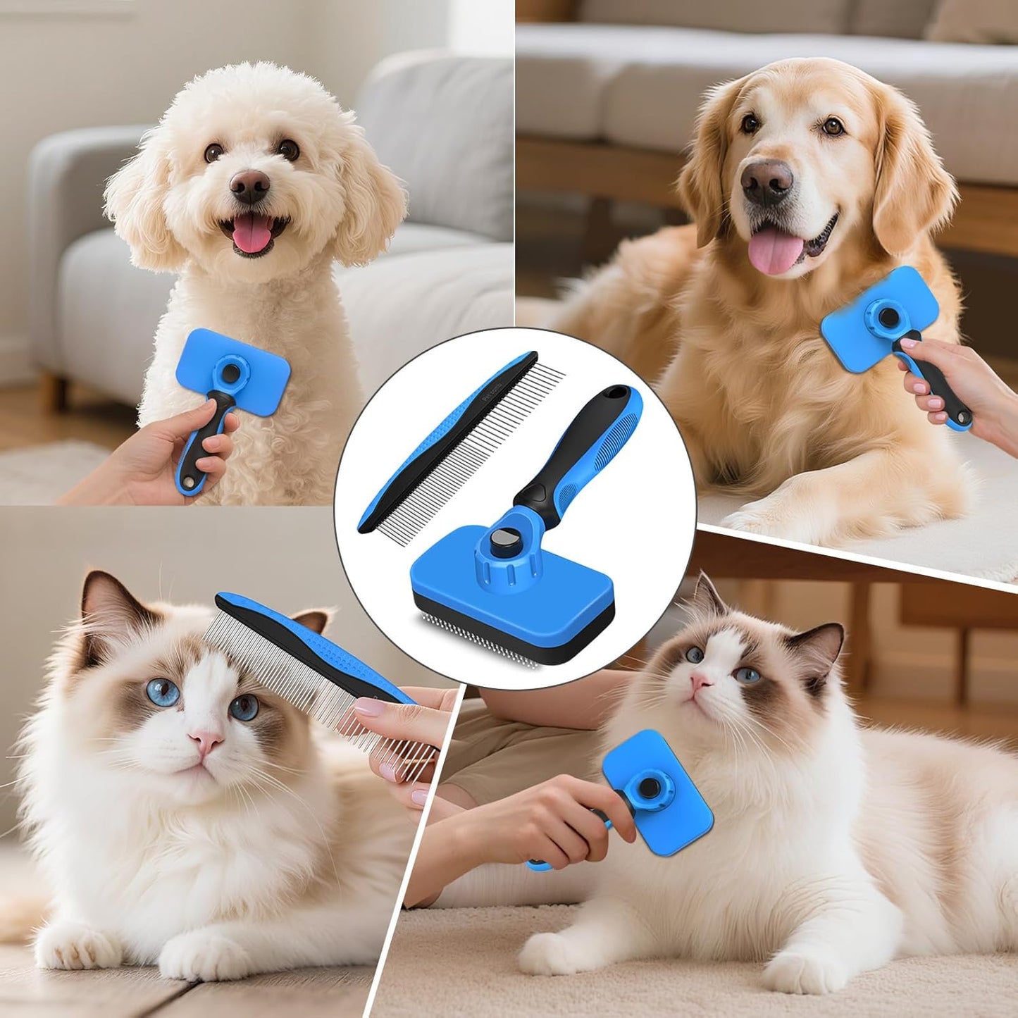 Skiennix Self-Cleaning Slicker Brush & Dog Comb - Gentle Deshedding Tool for All Pets | Blue, 2PCS