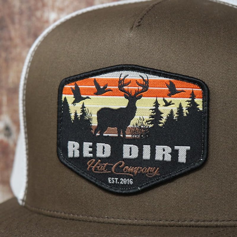 Red Dirt Hat Company Open Season 5-PanelAdjustable Snapback Hat, Trucker Cap w/Ventilated Mesh Back & Snap Back Closure, Structured Baseball Cap for Men & Women - Brown/White, One Size Fits All