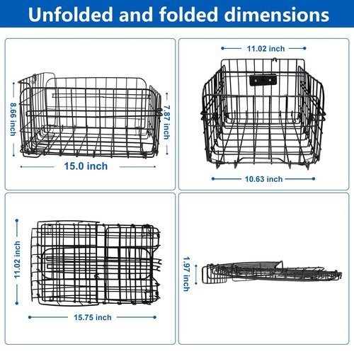 Aikolesa Bike Basket Rear for Adult Bikes, Large Rear Bike Basket Capacity with Reflective Light, Foldable Metal Wire Cover Bicycle Baskets Back Rack for Bike Rear Cargo Rack Ebike Cruiser
