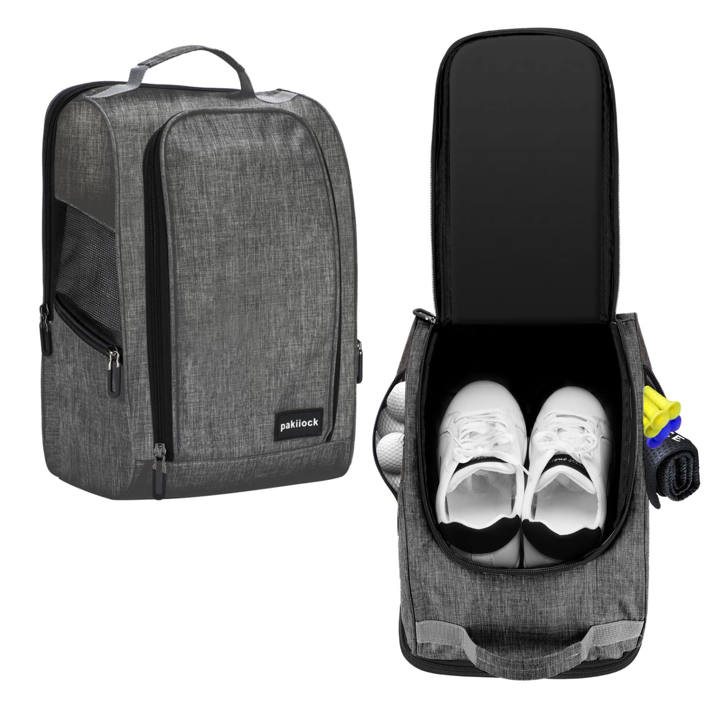 Pakiiock Golf Shoe Bag Zippered travel sport shoe bags With Mesh Ventilation, large back pocket and side pocket for men women black