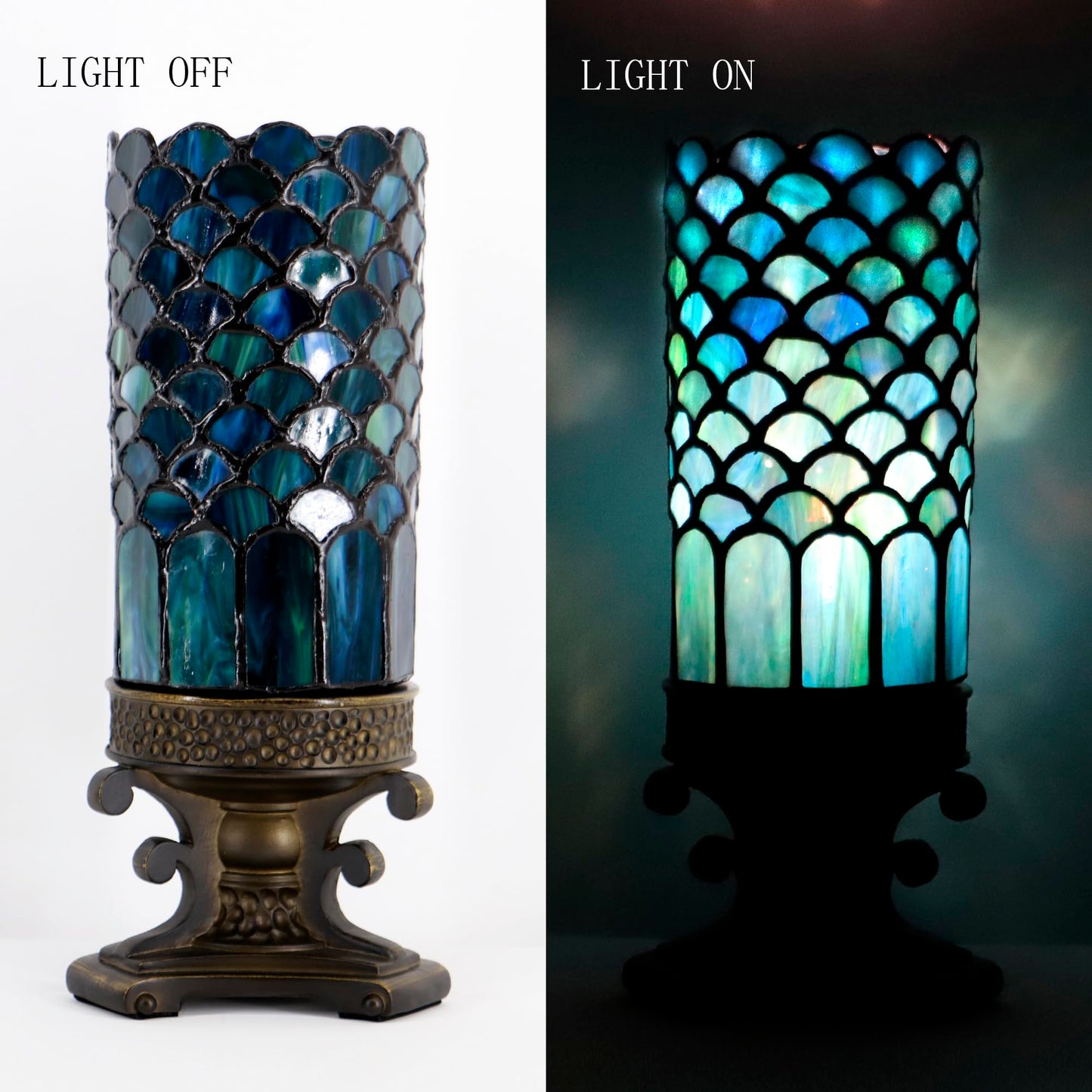 LXHCYOU Small Tiffany Lamp Mini Stained Glass Table Lamp Candle Desk Night Light Bronze Resin Base 4" D x 4" W x 10.5" H (Fishscale Style)