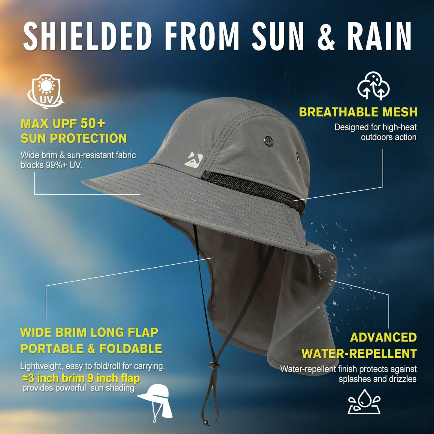 Summer Sun Hat Shade Men Big Head Women Wide Brim Neck Flap Safari Waterproof Beach UPF50+ Fishing Hiking Dark Grey
