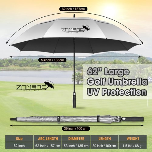 ZOMAKE Large Golf Umbrella UV Potection,62 Inch UV Blocking SPF Umbrellas for Sun Protection Windproof Heavy Duty Vented Double Canopy(Silver,Black)