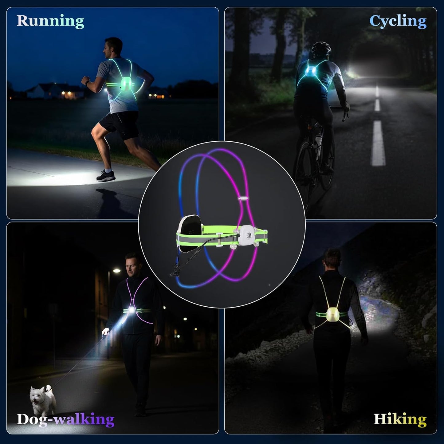 Skiennix Reflective Running Vest - Rechargeable LED Safety Gear with 3 Modes & 7 Colors | Adjustable Medium Size for Night Running, Cycling & Hiking