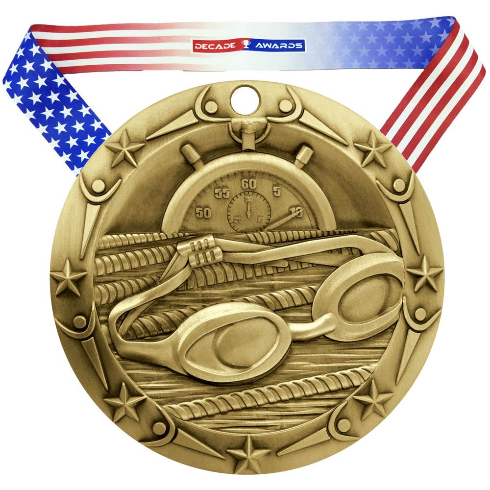 Decade Awards Swimming World Class Medal, Gold - 3 Inch Wide Swim Meet First Place Medallion with Stars and Stripes American Flag V Neck Ribbon