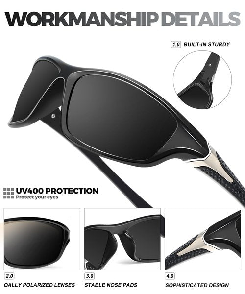 QALLY Polarized Sunglasses Men Sports Sunglasses for Men UV400 Sunglasses for Driving Golf Cycling Fishing Running