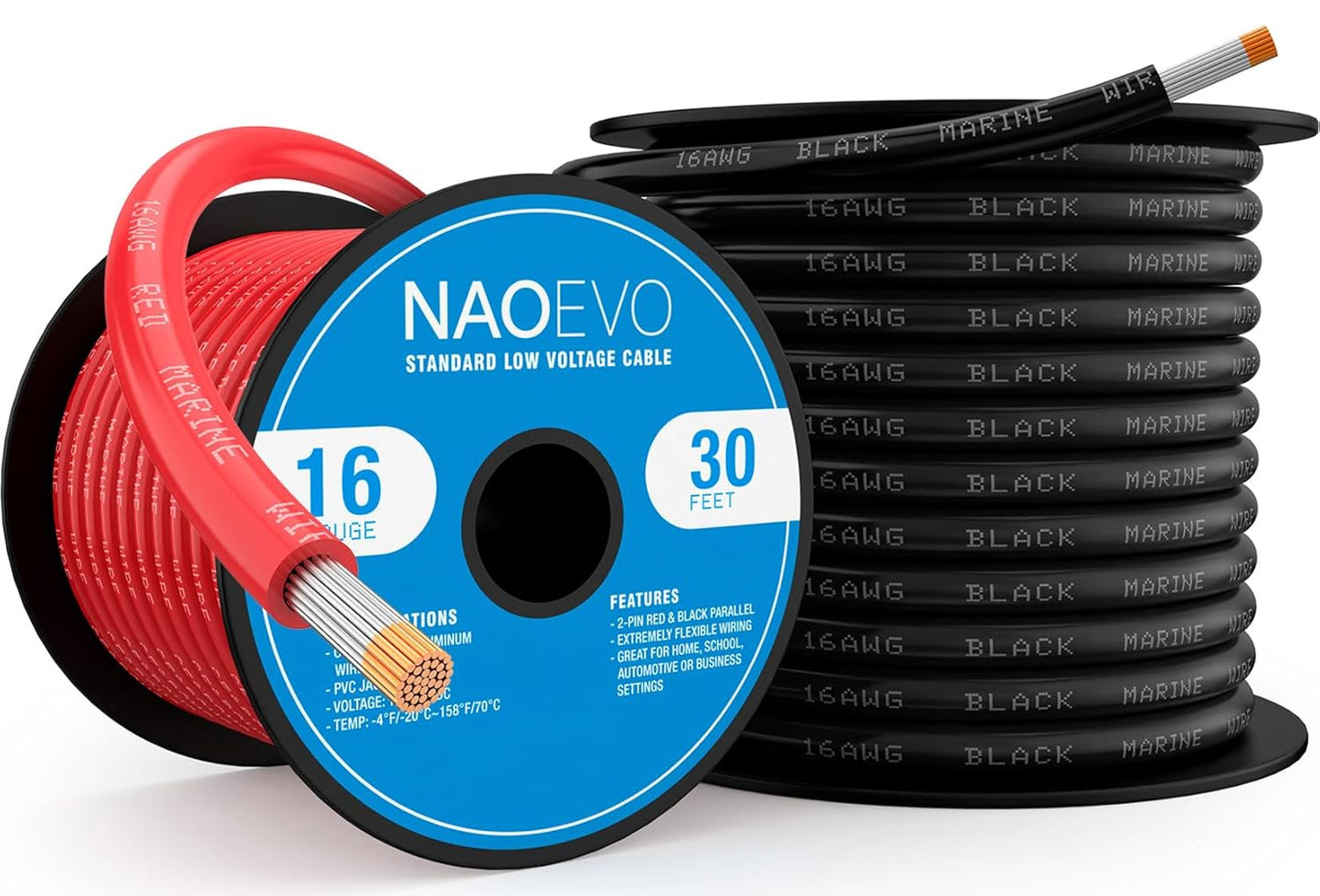 NAOEVO 16 Gauge Marine Wire - Tinned Copper PVC, Waterproof & Corrosion-Resistant | 30 ft Black + 30 ft Red