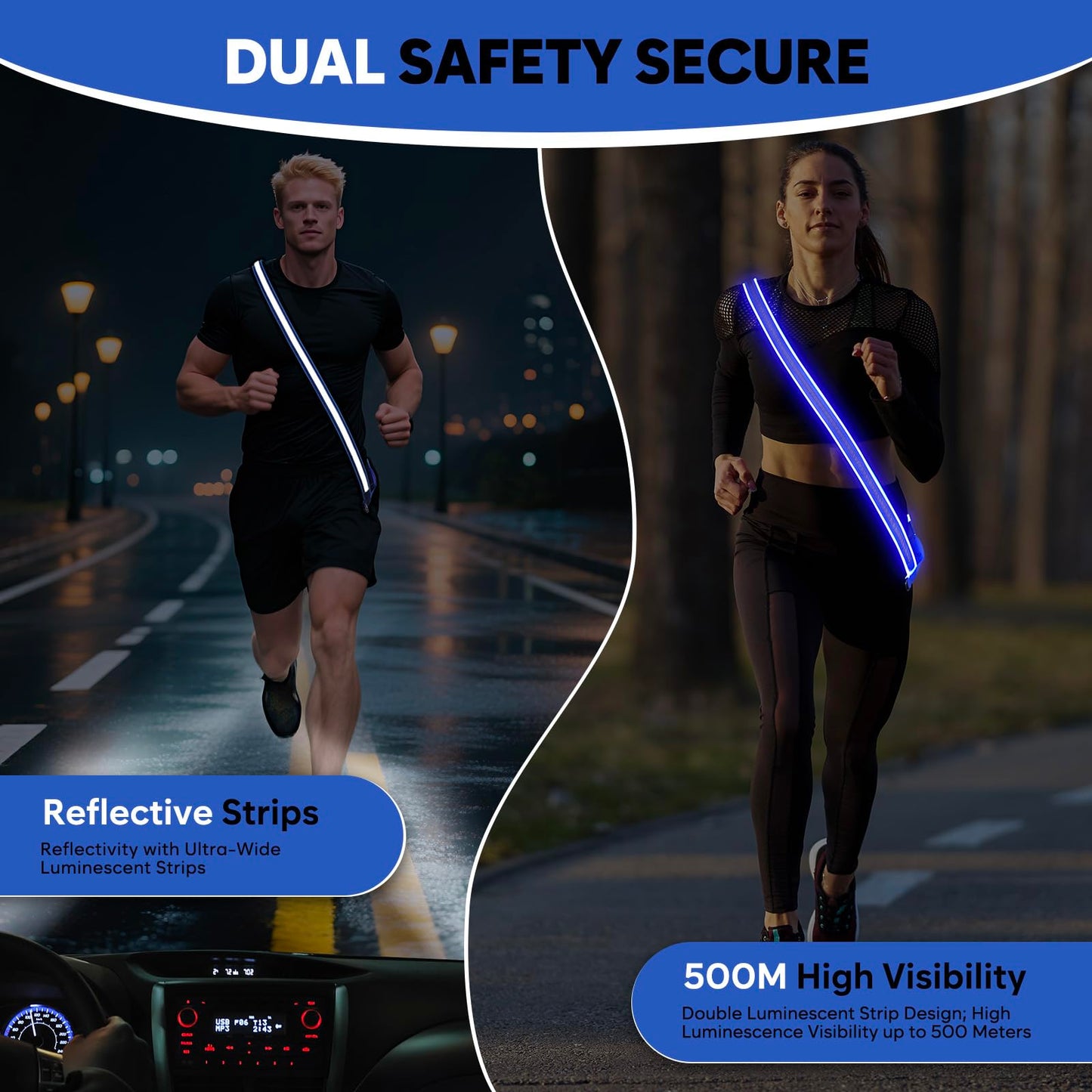 LED Reflective Running Sash for Men & Women – Rechargeable Flashing Safety Light for Night Jogging, Cycling, Hiking, Walking – High Visibility Reflective Gear (Blue)