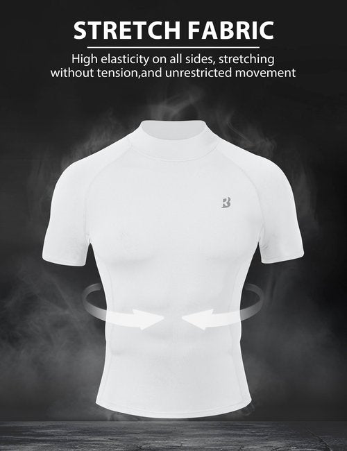 Roadbox Men's Compression Shirt, Mock Turtleneck Short Sleeve Athletic Undershirt, Quick Dry Base Layer Top for Gym Workout White