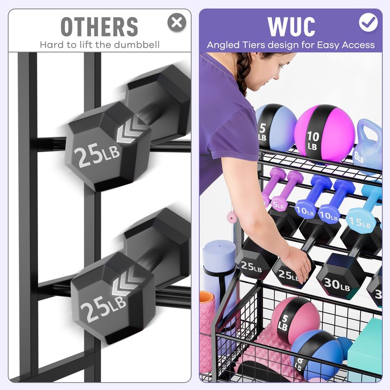 WUC Dumbbell Rack, Adjustable Weight Rack for Home Gym Storage, All-in-One Workout Storage Racks with Wheels and Hooks for Dumbbells, Kettlebells, Yoga Mats & Balls, Durable Powder Coated Steel, Black