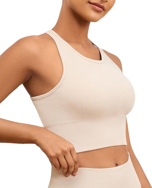 AegisChic High Neck Beige Sports Bras for Women Long Line Yoga Ribbed Tank Top with Built-in Bra Gym Athletic Workout Racerback