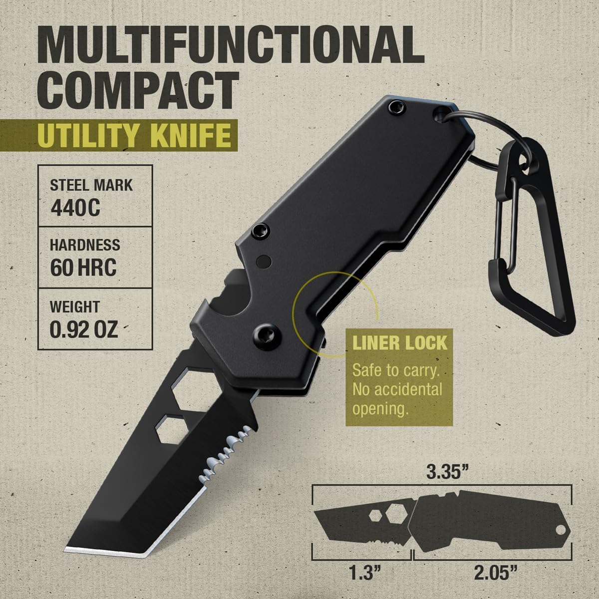 Mini Keychain Knife by [Brand Name] - 1.3” Tanto Serrated Blade | 6-in-1 Black Multitool with Carabiner