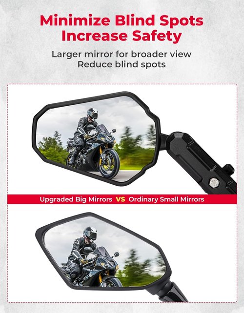 KEMIMOTO Universal Adventure Motorcycle Mirrors - Adjustable M8/M10 Bolt, 360° Convex, Foldable Design