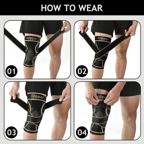 JHVW Copper Knee Brace for Women Men 2-Pack, Knee Compression Sleeve with Straps, Knee Braces for Knee Pain, Knee Support for Running Working