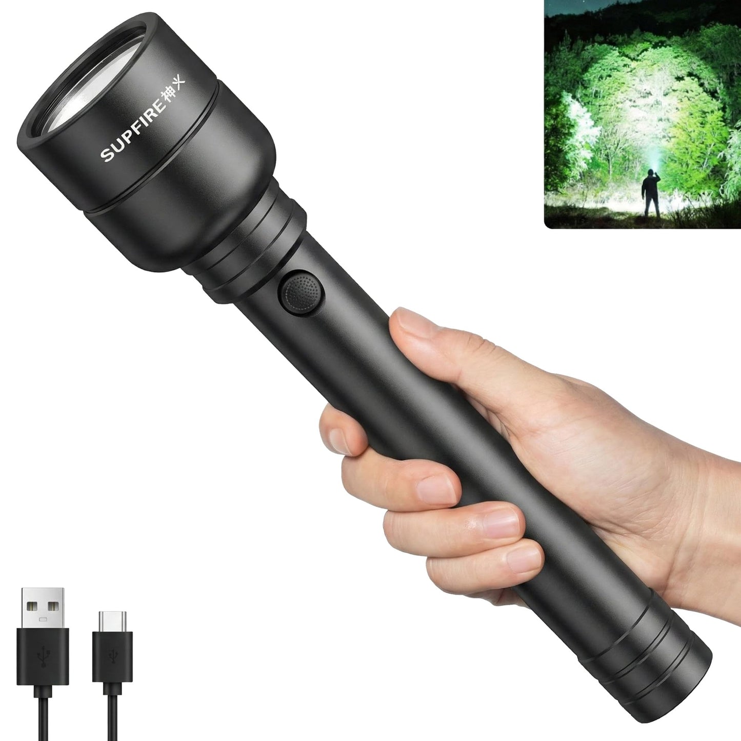 SuperFire Rechargeable Flashlight High Lumens 3000LM, Powerful LED Flashlight with 6 Modes, USB Charging, IP46 Waterproof, Long Runtime for Home Emergency, Outdoor Camping, Hiking&Tactical Use