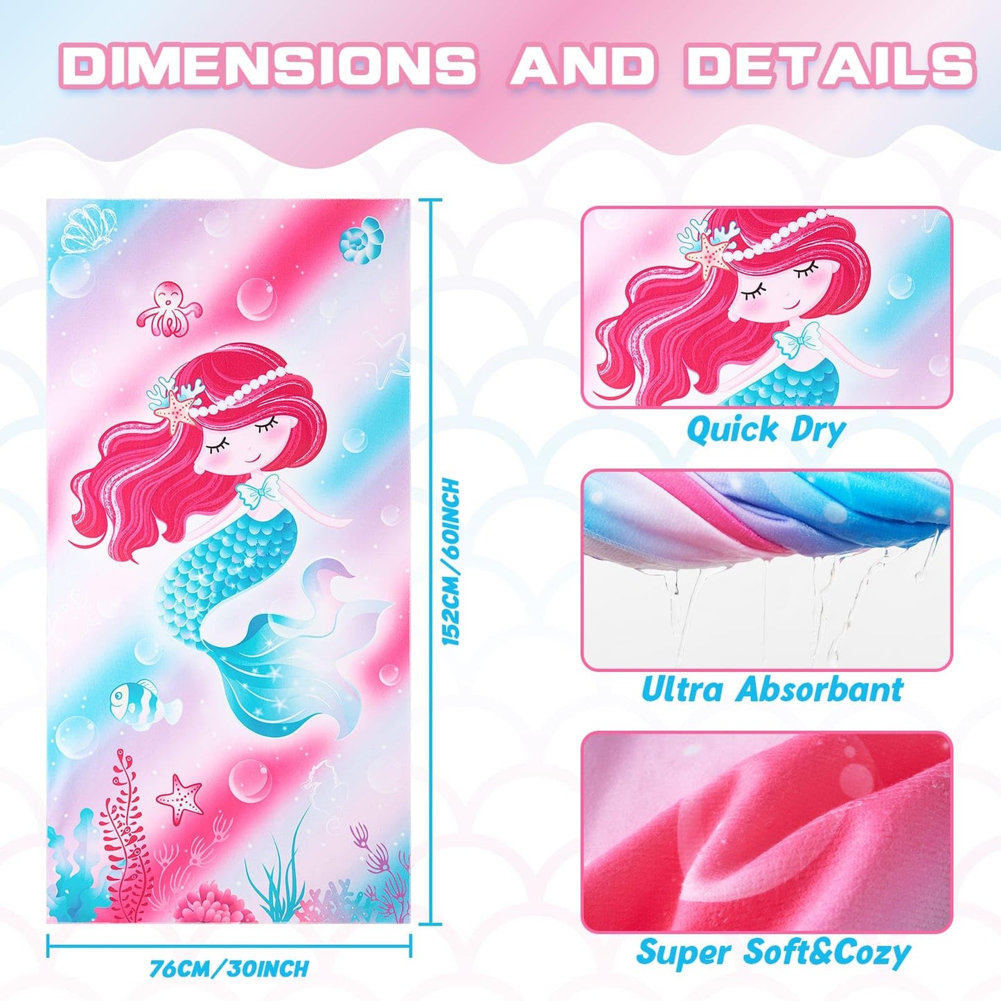 WERNNSAI Mermaid Kids Beach Towel - 30” x 60”Mermaid Sand Free Towels for Girls Quick Dry Swim Towel Beach Blanket Ultra Absorbent Light Beach Towels Travel Towel