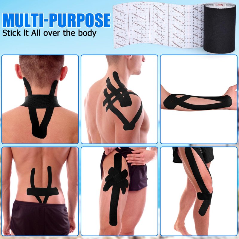 3 Pack Kinesiology Tape - Pro-Grade, Water Resistant & Breathable for Active Lifestyles, Latex-Free Cotton Elastic Tape for Muscle & Joint Support on Knee, Ankle, Shoulder, Wrist - Black 4in 5.5yd