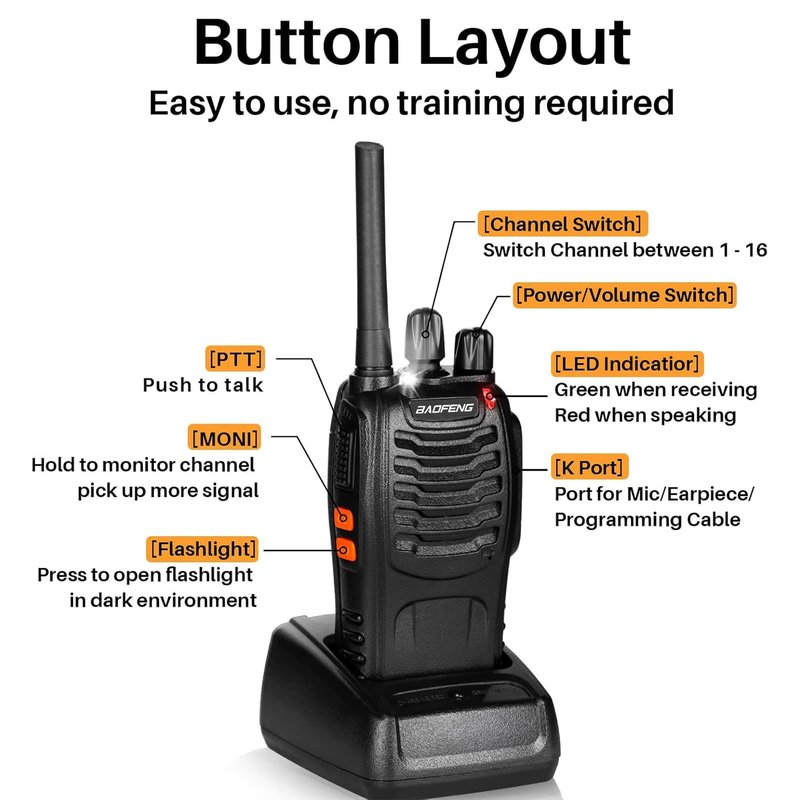 BAOFENG Walkie Talkies for Adults 888S Rechargeable Long Range Two Way Radios with Earpieces,Portable Handheld FRS Radio with 16CH Flashlight Li-ion Battery and Charger -4 Pack