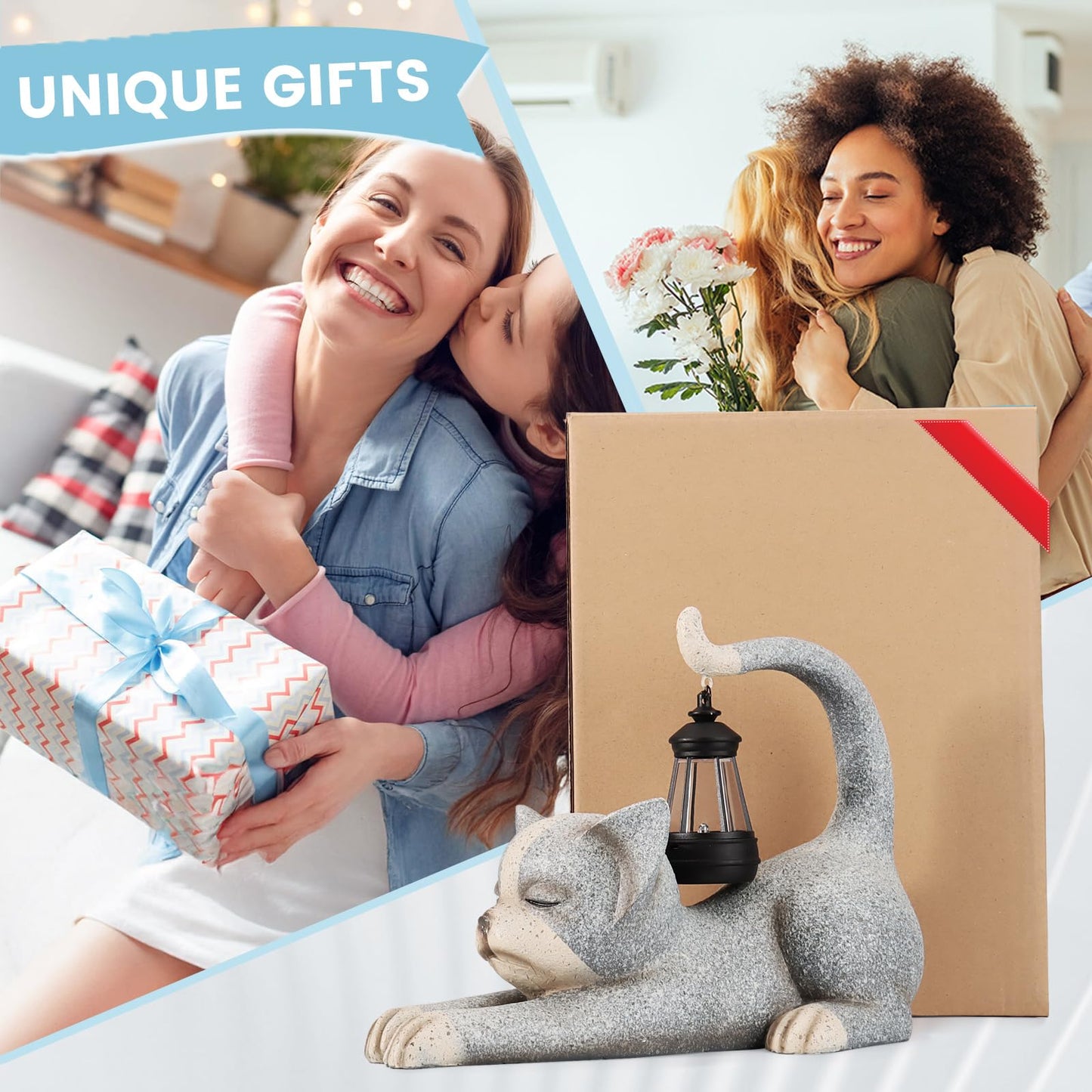 JUMPHIGH Garden Cat Statue with Solar Lantern, Garden Sculpture Decor Animal Figurines Cute Cat for Yard Lawn Patio Balcony Outdoor Ornament, Unique Gifts for Women mom dad