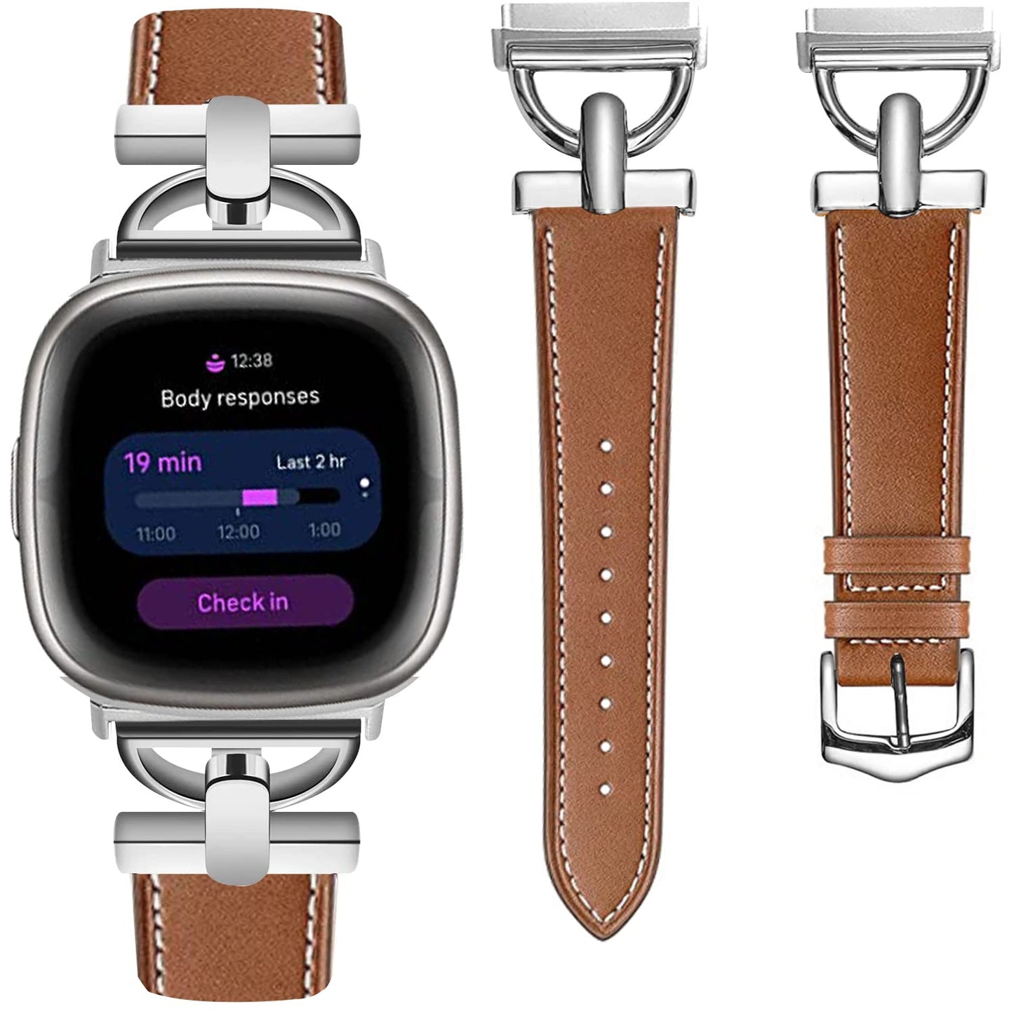 D-Shape Leather Band Compatible with Fitbit Sense Bands/Fitbit Versa3 Bands Women, Dressy Leather Strap with D-Shape Metal Buckle for Versa 3/Sense (Brown/Silver)