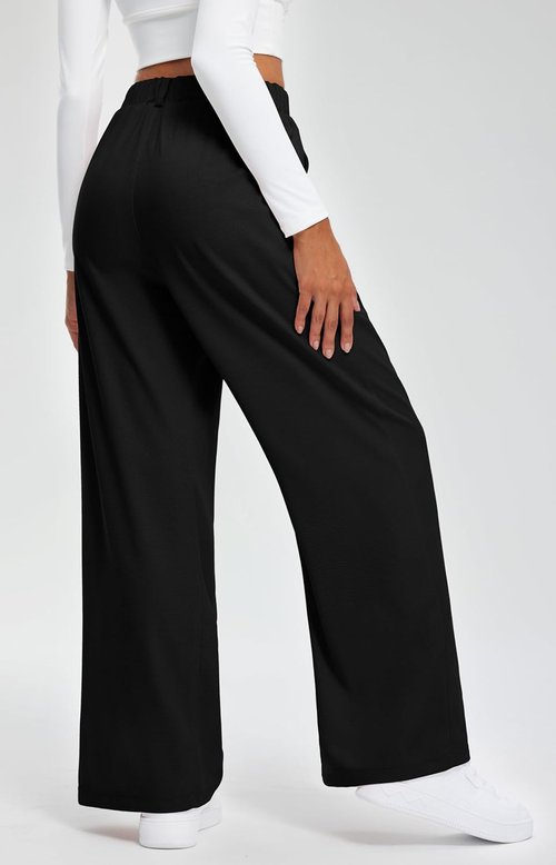 Libin Women's Wide Leg Pants - High Waisted Waffle Knit Casual Slacks with Pockets | 27"/29" Sizes