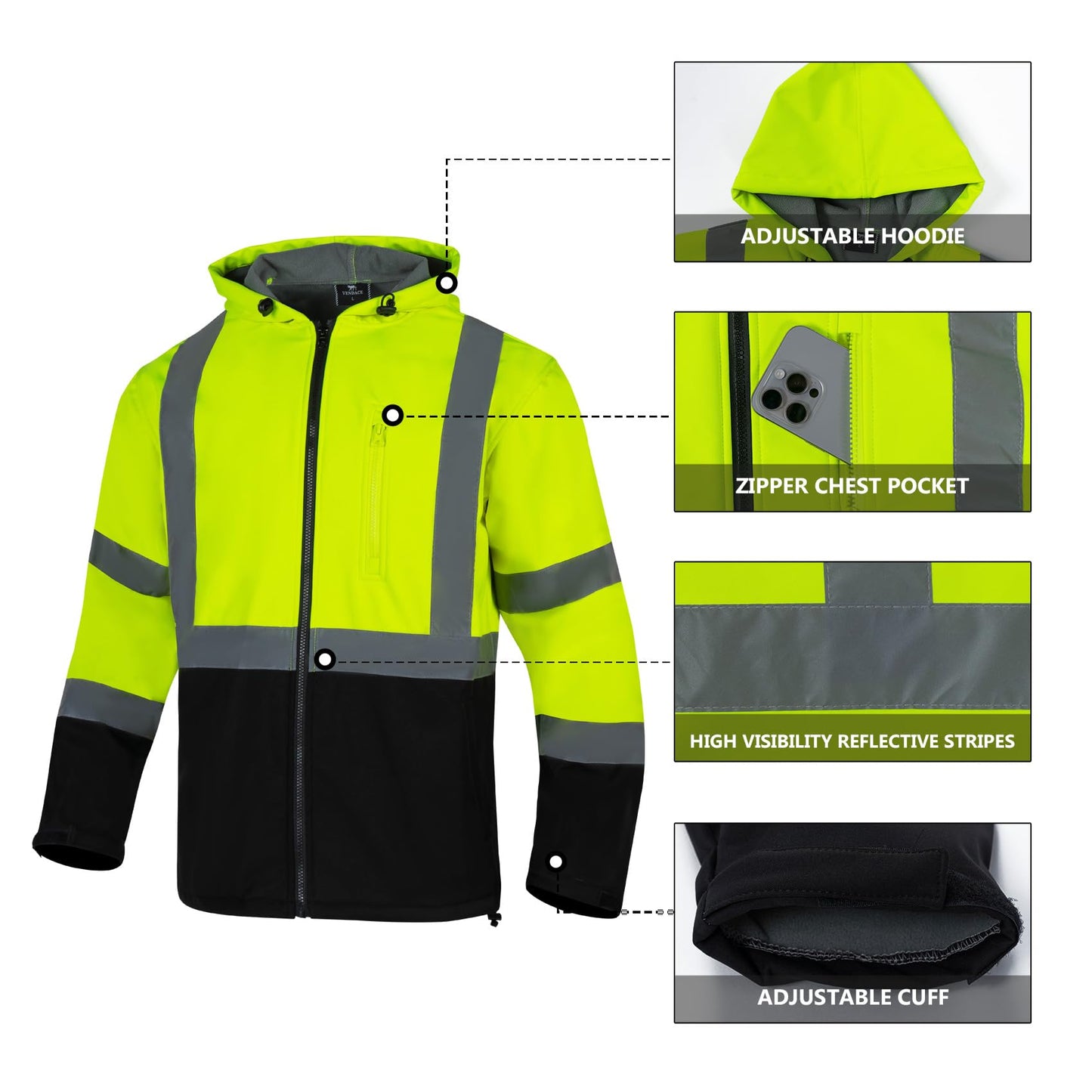 VENDACE Hi Vis Reflective Safety Jackets for Men Softshell Waterproof ANSI Class 3 High Visibility Work Jacket Hoodie Polar Fleece Lining(Yellow,L)