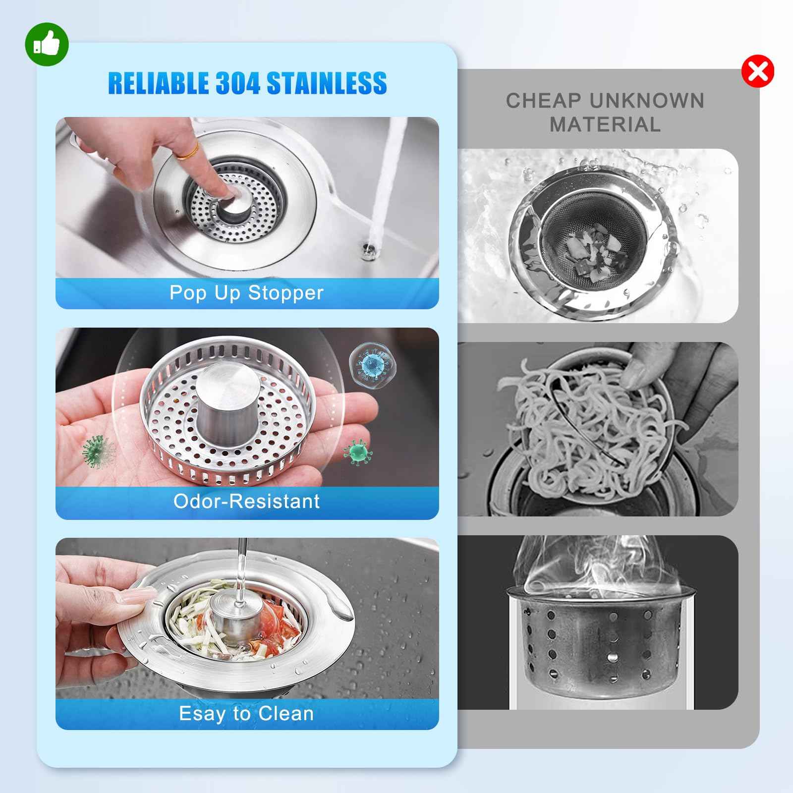ChicHomey Kitchen Sink Drain Strainer 3-in-1,Pop-Up Stopper & Anti-Clogging Basket - 304 Stainless Steel Sink Strainer Anti-Clogging Sink Drain Strainer for US Standard Kitchen Drain