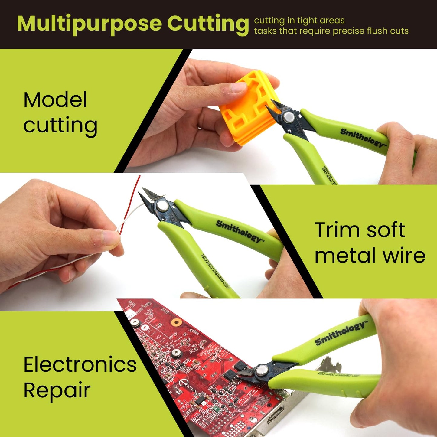 Smithology 4.8” Micro Flush Cutters 3PCS | Made from High Carbon Steel with Hidden Springback Design & Non-Slip Handles for Trimming Metal Wires, Zip Ties, Cables, Circuit Boards, & DIY Projects