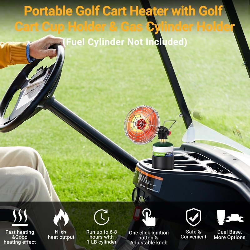 Golf Cart Heater,Portable Propane Camping Heater,2-in-1,with Cup Holder&Foldable Propane Cylinder Stand for EZGO Yamaha Club Car,Camping,Tents,Hunting,Ice Fishing(Fuel Cylinder not included)(2000℉)