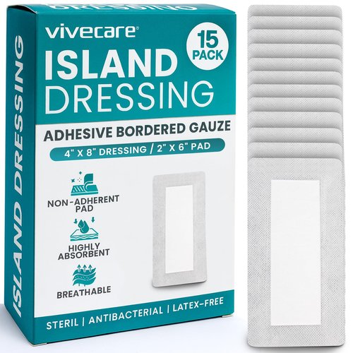 Vive Care Adhesive Border Gauze 4"x8" (15pcs) - Bordered Non-Stick Island Dressing - Absorbent Wound Care Dressing - Breathable Sterile Bed Sore Bandage - Individually Wrapped Non-Woven Pad for Ulcers