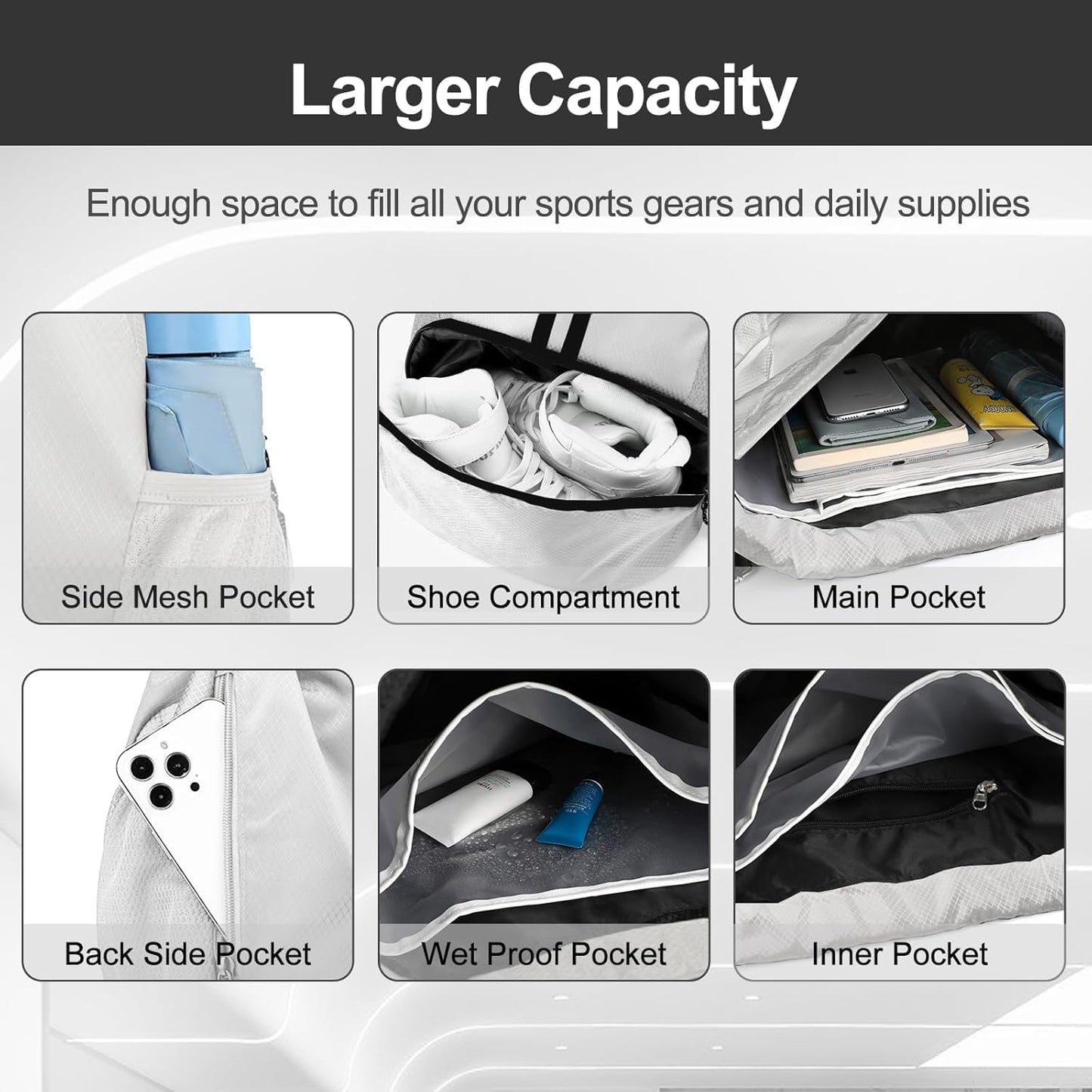 Hoedia Sports Drawstring Backpack - Swim Gym Bag for Women and Men, White