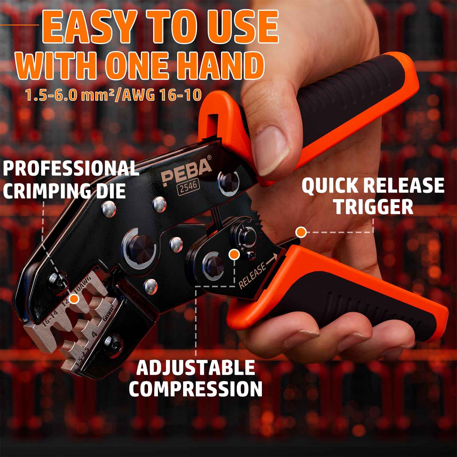 PEBA Crimping Tool Kit, Solar Crimper for AWG 16-10 Solar Panel Cable Wire, with 6 Pairs IP68 Solar Connectors and 1 Pair Solar Connector Spanner Wrench | Ratchet Crimp Tool Kit - Solar Installation