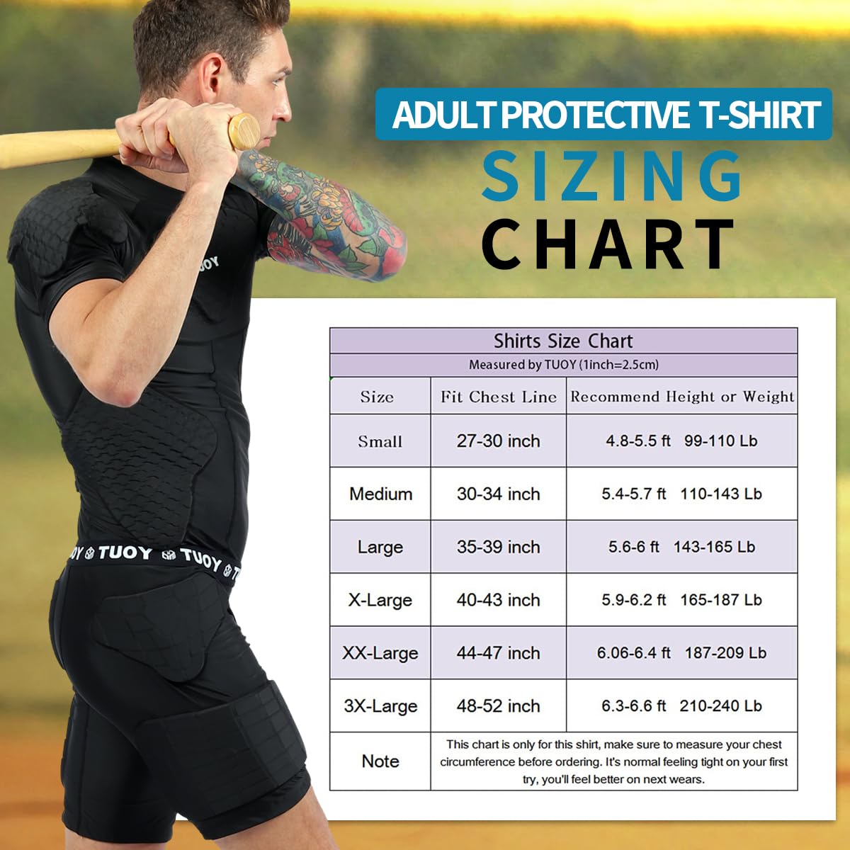TIAXU TIAXU Men's Padded Shirt Football Chest Rib Protector Heart Sternum Guard Compression Shirt with Shoulder Back Rib Pads for Adult Football Basketball Baseball Softball Rugby