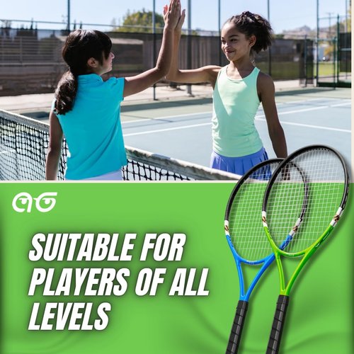 2 Player Lightweight Tennis Racket Training Set - 27-inch Adult Recreational Rackets for Men, Women, and Youth - Two-Color Variety Pack with Enhanced Grip Tape and Carry Bag for Easy Transport