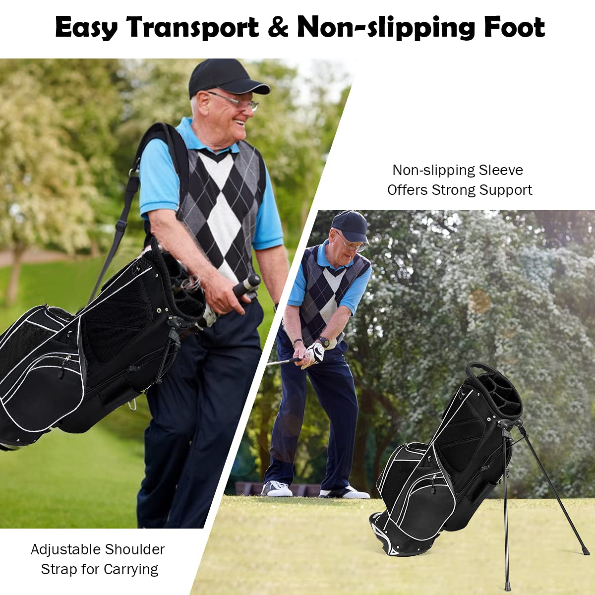 Renatone Golf Stand Bag, Lightweight Organized Golf Bag w/ 6 Way Dividers, 7 Pockets & Padded Dual Straps, Easy to Carry Golf Club Bag for Men & Woman (Black)