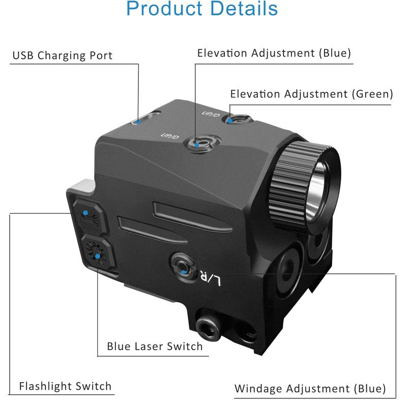 MOSANDON Green and Blue Laser Sight with 500 Lumens Flashlight, USB Rechargeable Flashlight with Blue Green Laser Sight,3in1 Laser Light Combo with 20mm Picatinny Rail Mount for Pistol Handgun Rifles