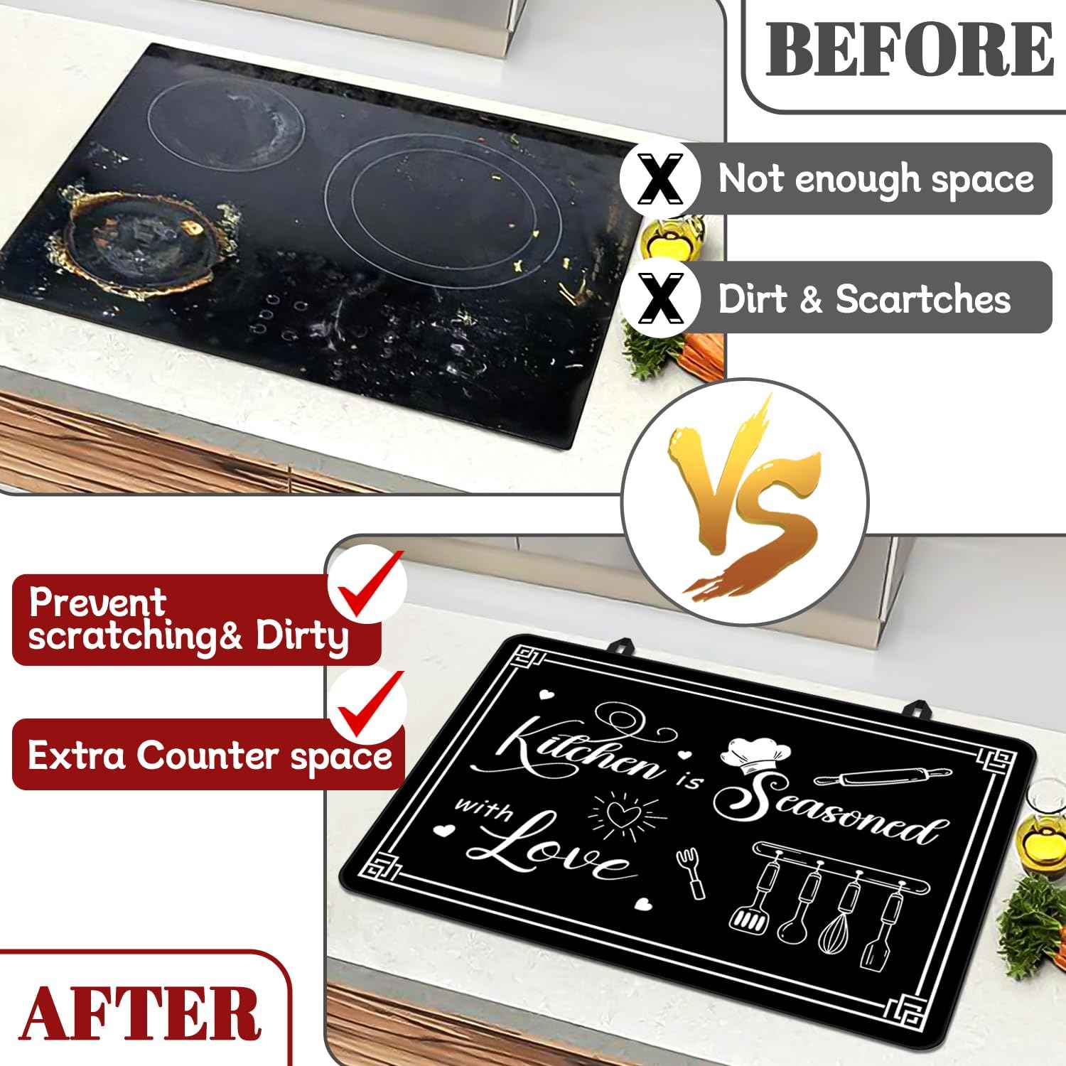 Black Stove Cover, Kitchen is Seasoned with Love Heat Resistant Glass Top Stove Cover Protector 28x20 inch, Cooktop Cover for Kitchen, Ceramic Stove Top Dish Drying Mats