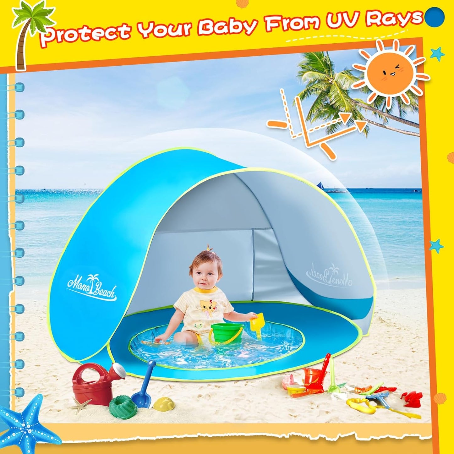 Monobeach Baby Beach Tent - Portable UPF50+ UV Protection Sun Shelter with Sand Toys | Blue