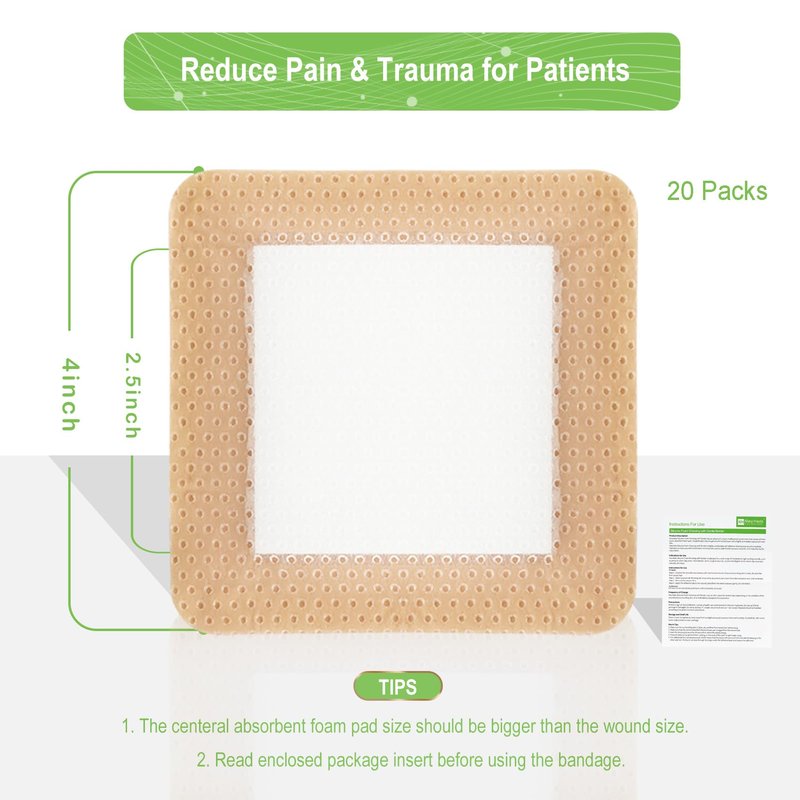 NeuHeils Silicone Foam Dressing with Gentle Border 4''x4'', 20 Pack for Bed Sore Leg Ulcer, High Absorbency Large Waterproof Silicone Wound Bandage