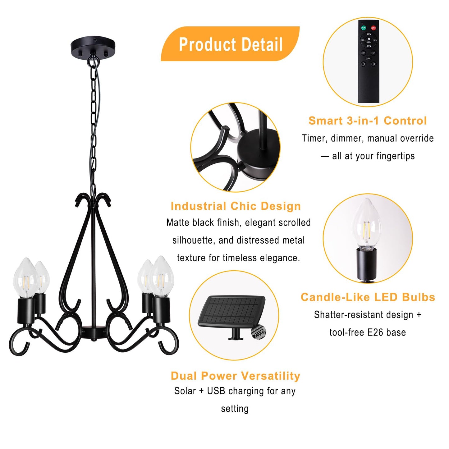 TWINKVILLA Solar Chandelier Outdoor, 4-Lights 23" Rustic Farmhouse Industrial Iron Chandeliers Waterproof Dimmable Hanging Pendant Lights for Gazebo, Pergola, Canopy, Tent Decor