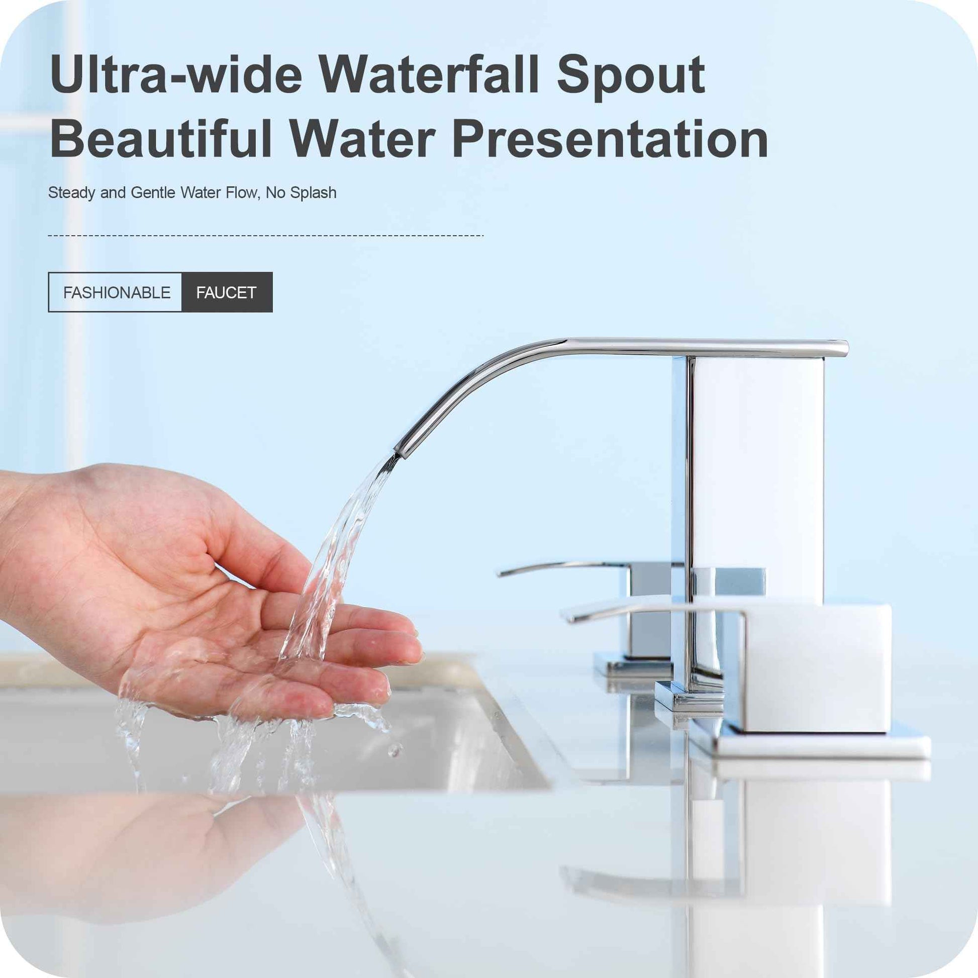 Patent No. : US D967,340 S, GAGALIFE 8 Inch Waterfall Bathroom Faucets for Sink 3 Hole - Chrome Bathroom Faucet with Pop-up Drain, Widespread Bathroom Sink Faucet 2-Handles, Patent No. : US D967,340 S