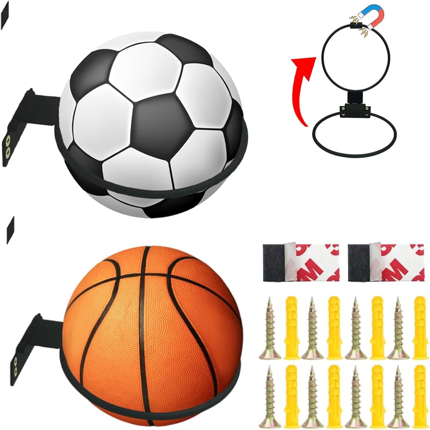 Skiennix Iron Wall Mounted Foldable Ball Holder - Heavy Duty Sports Ball Storage Rack | 2-Pack, Space Saving Design