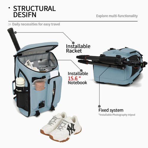 JYColofex color design tennis mountain climbing travel backpack, independent shoe compartment for sports and fitness, waterproof 15.6-inch computer bag large (A-) (Grey water blue)