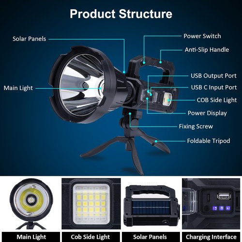 Ewenele Rechargeable Handheld Spotlight, 3,000,000L Super Bright LED Solar & High Powered Spot Light with 6 Modes, 3 Color Lenses, COB Side Light, USB C, Waterproof for Outdoor Emergency Hunting